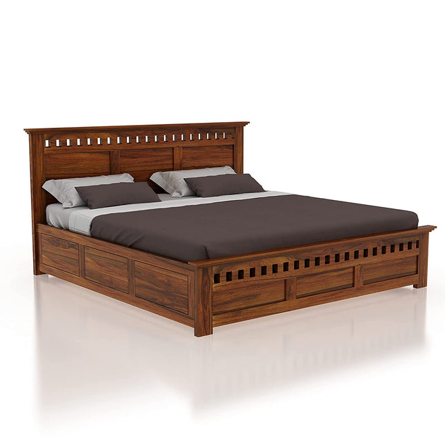 Solid Wood King Size Bed With Storage For Bedroom  in Brown Finish