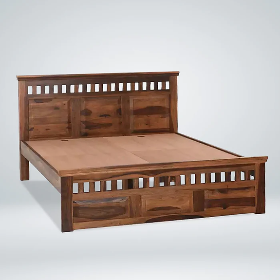 Kuber Solid Sheesham Wood King Size Bed Without Storage In Brown Finish